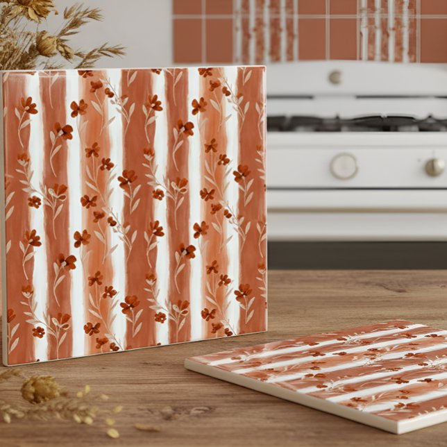 Terracotta Wildflower Vertical Stripe Boho Pattern Ceramic Tile (Creator Uploaded)
