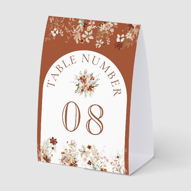 Terracotta Wildflower White Wedding Table Number Paper Table Tent (Front)