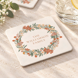 Terracotta Wildflower Wreath Fall Thanksgiving Square Paper Coaster