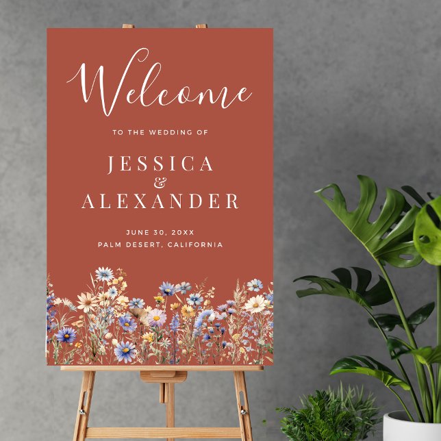 Terracotta Wildflowers 24x36 Wedding Welcome Foam Board (Dusty Blue Wildflowers Elegant Terracotta Wedding Welcome Sign 24x36 with Couple Names, Date, City.)