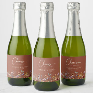 Terracotta Wildflowers Cheers Wedding Sparkling Wine Label