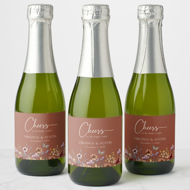 Terracotta Wildflowers Cheers Wedding Sparkling Wine Label (Terracotta Wildflowers Cheers Wedding Sparkling Wine Label by Painted Paperie
)