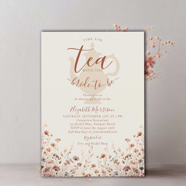 Terracotta Wildflowers Elegant Bridal Tea Shower Invitation (terracotta floral bridal shower tea invitation wildflowers watercolor pattern elegant modern simple )