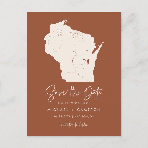 Terracotta Wisconsin Map Modern Save the Date Announcement Postcard