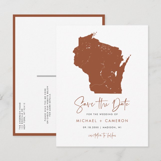 Terracotta Wisconsin Map QR Code Save the Date Announcement Postcard (Front/Back)