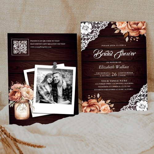 Terracotta Wood Floral Photo QR Code Bridal Shower Invitation