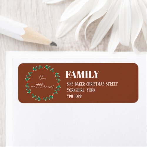 Terracotta Wreath Merry Christmas Family Address  Label