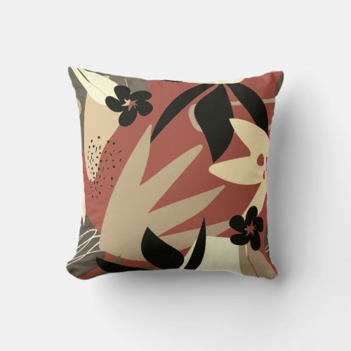 Terracotta Yellow  Black Artistic Abstract Leaves Throw Pillow