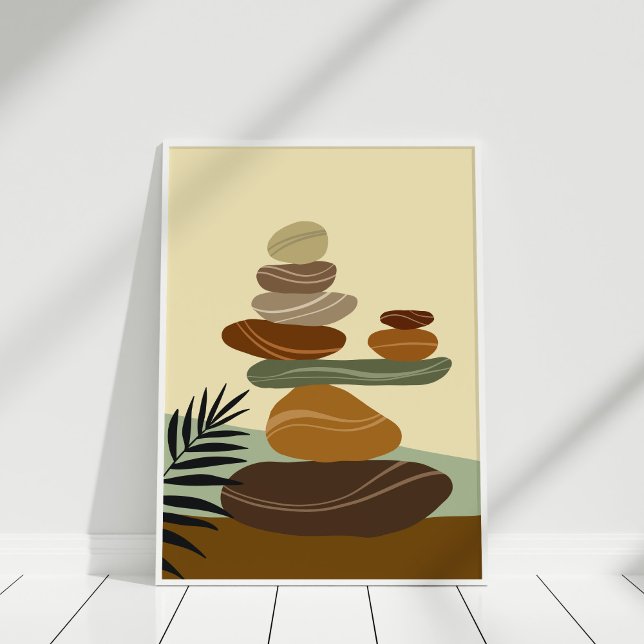 Terracotta Zen Stones Abstract Boho Wall Art Print (Boho Terracotta Abstract Zen Stones Poster in white frame against white wall.)