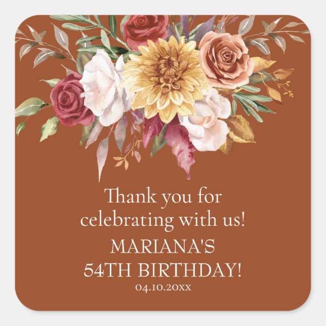 TerracottaFall Foliage Birthday Party Favor Square Sticker (Front)