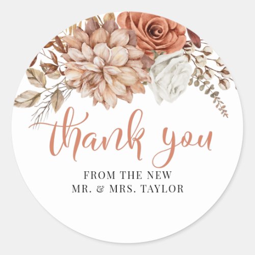 Terracottal Autumn Fall Floral Thank You Favor Classic Round Sticker