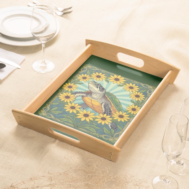 Terrapin And Black Eyed Susan Flowers Art Nouveau  Serving Tray (Front)