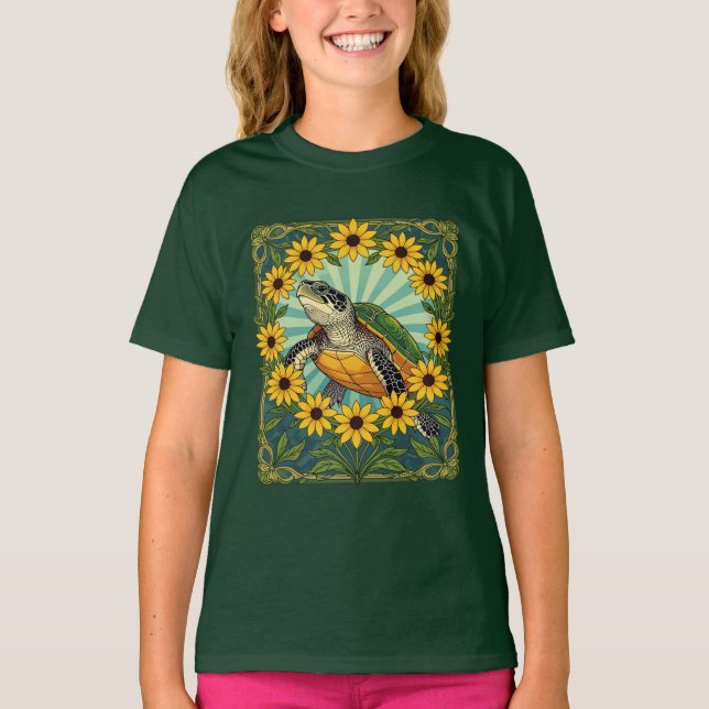 Terrapin And Black Eyed Susan Flowers Art Nouveau  T-Shirt (Front)