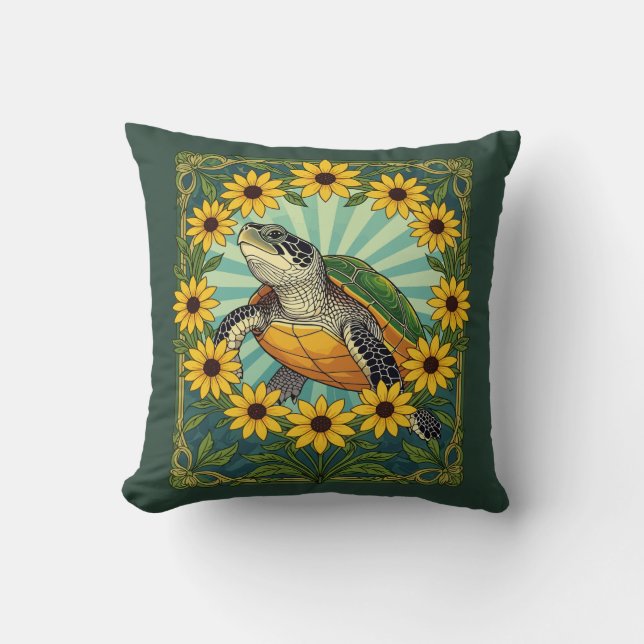 Terrapin And Black Eyed Susan Flowers Art Nouveau  Throw Pillow (Front)