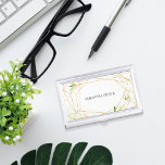 Terrarium | Geometric Botanical Personalized Business Card Case<br><div class="desc">Elegant business card holder coordinates with our Terrarium collection,  featuring your name or company name framed by an intricate golden geometric border and tiny green watercolor leaves and foliage.</div>