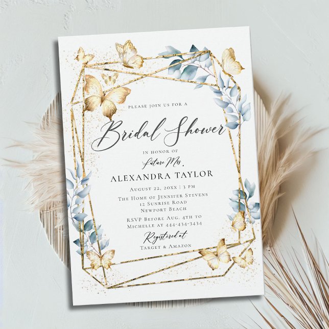 Terrarium Geometric Frame Gold Blue Bridal Shower Invitation (terrarium geometric frame border butterflies gold boho chic bridal shower invitation)