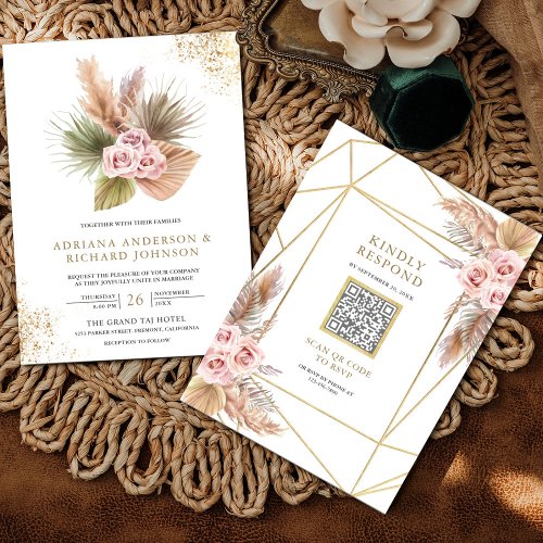 Terrarium Pampas Dusty Pink Roses QR Code Wedding Invitation