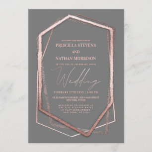 Terrarium Rose Gold Geo Linear Border Gray Wedding Invitation