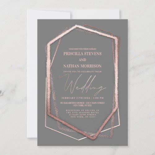 Terrarium Rose Gold Geo Linear Border Gray Wedding Invitation