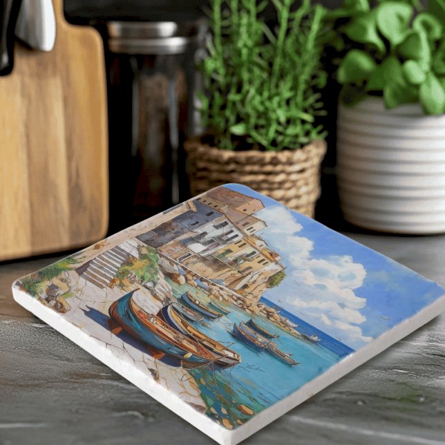 Terrasini Trivet – Sicily Fishing Boats & Cliffs (Colorful painting of Terrasini, Sicily featuring fishing boats, coastal cliffs, seaside buildings)