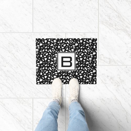 Terrazzo black white pattern monogram initial doormat