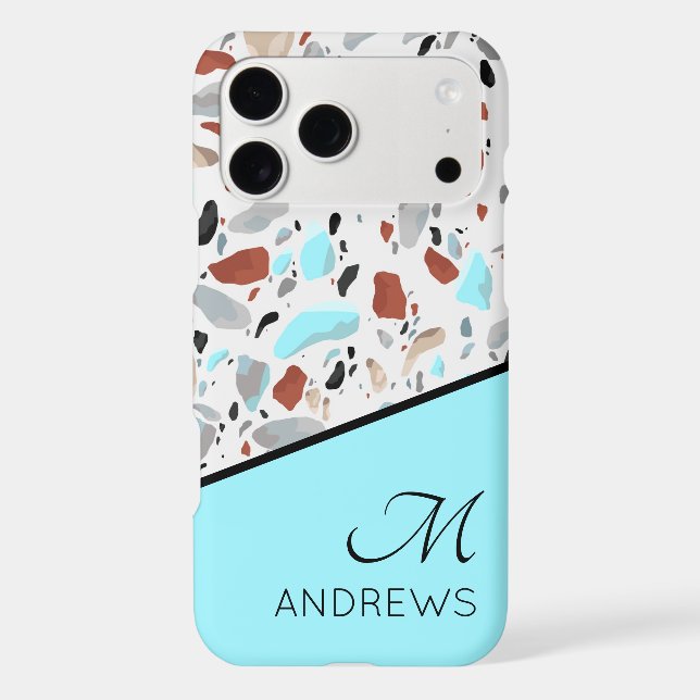 Terrazzo Blue Monogram Personalized Name Iphone Case (Back)