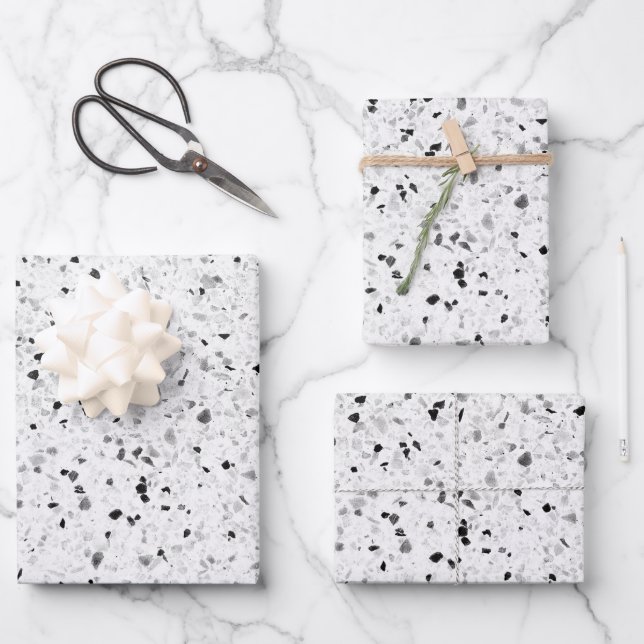 Terrazzo Elegant Black And White Grey Retro Wrapping Paper Sheets (Front)