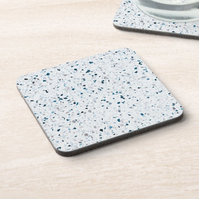 Terrazzo Elegant Teal Blue Green White Grey Retro Beverage Coaster (Left Side)