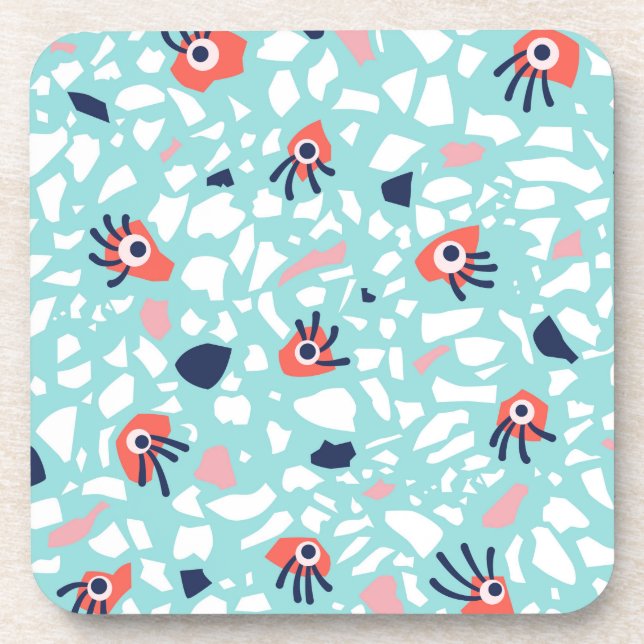 Terrazzo Funny Geometric Pattern With Eyes Beverage Coaster (Front)