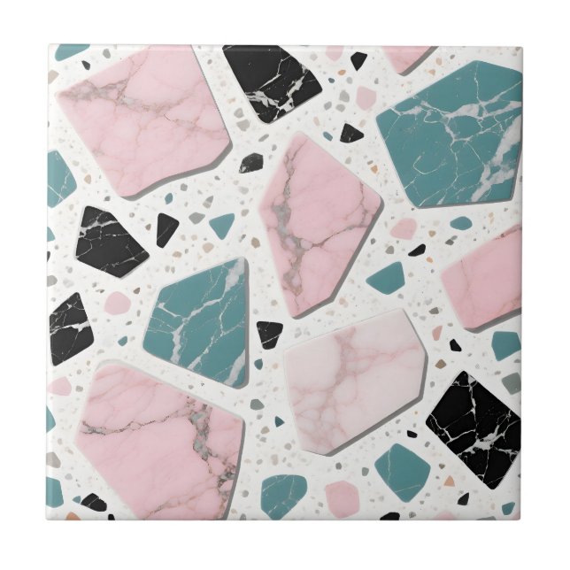 Terrazzo Marble Pastel Pink Teal Modern Ceramic Tile (Front)