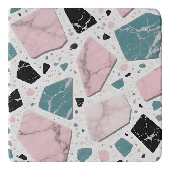 Terrazzo Marble Pastel Pink Teal Modern Trivet (Front)