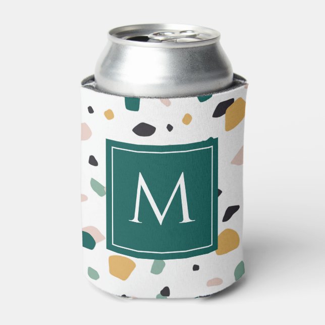 Terrazzo Monogram Green Orange Pink Black Pattern Can Cooler (Can Front)