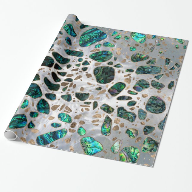 Terrazzo - Mosaic Abalone Pearl and Gold #1 Wrapping Paper (Unrolled)