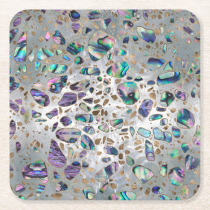 Terrazzo - Mosaic Abalone Pearl and Gold #3 Square Paper Coaster