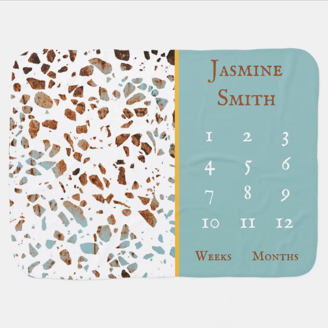 Terrazzo Mosaic Rust Brown Blue Pattern Milestone Baby Blanket (Horizontal)