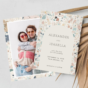 Terrazzo Pastel Colors Retro Arch Wedding Photo Save The Date