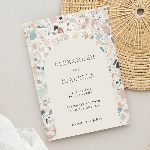 Terrazzo Pastel Colors Retro Arch Wedding Save The Date