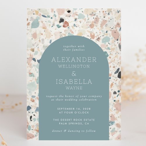 Terrazzo Pastel Turquoise Retro Arch Wedding Invitation