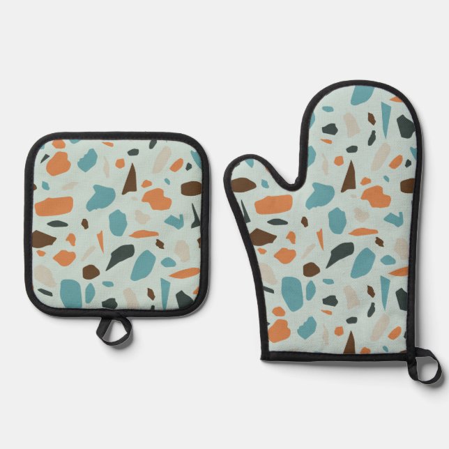 Terrazzo Pattern Blue Oven Mitt & Pot Holder Set (Front)