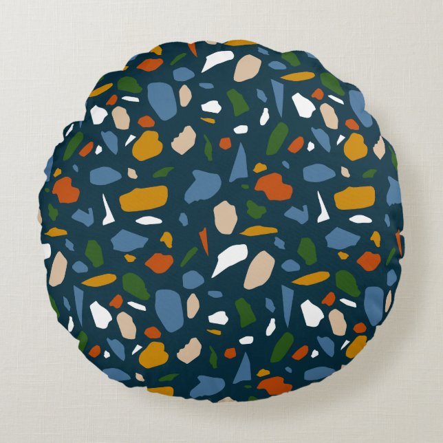 Terrazzo Pattern Blue Round Pillow (Front)