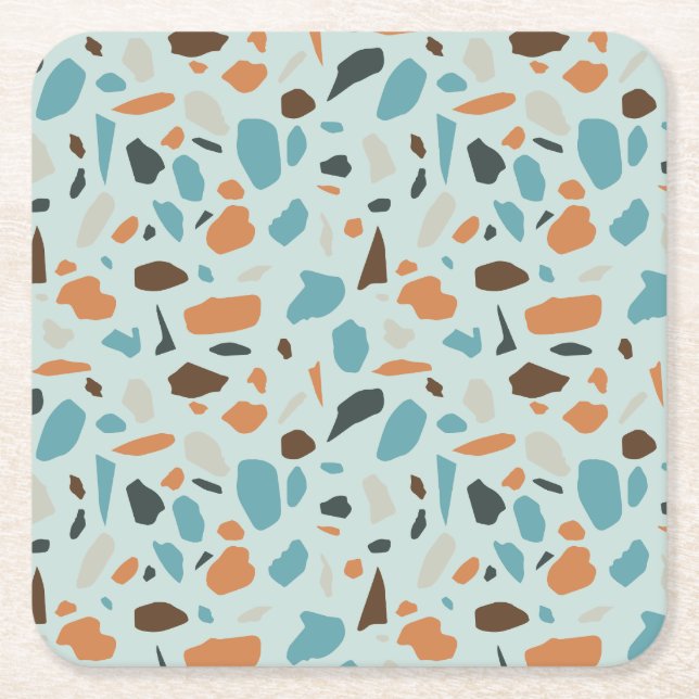 Terrazzo Pattern Blue Square Paper Coaster (Front)