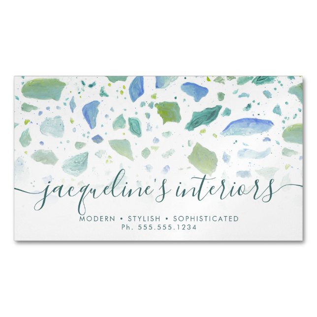 Terrazzo Pattern Modern Script Aqua Blue Green Business Card Magnet (Front)