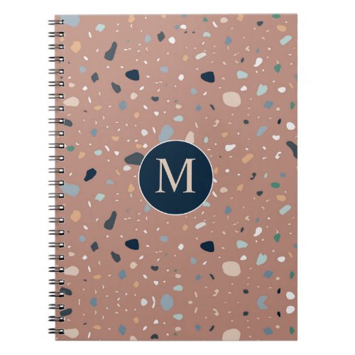 Terrazzo Pattern Monogram Dusty Pink  Navy Notebook