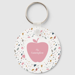 Terrazzo Pattern Pink Apple Teacher Keychain
