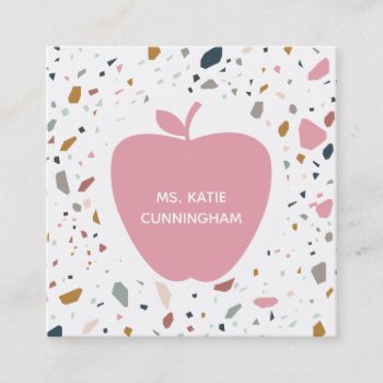 Terrazzo Pattern Pink Apple Teacher Square Business Card by thepinkschoolhouse at Zazzle