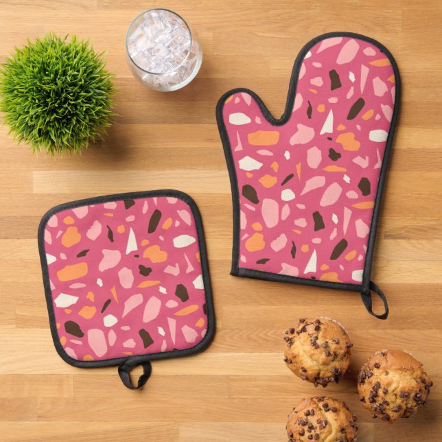 Terrazzo Pattern Pink Oven Mitt & Pot Holder Set (Top Down)