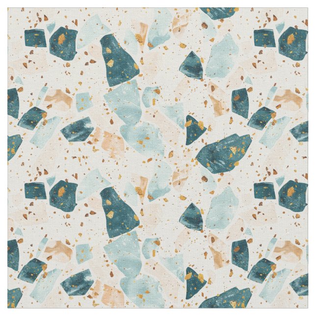 Terrazzo Pattern Teal and Gold Fabric (Close Up)
