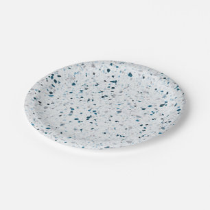 Terrazzo Retro Teal Blue Green White Grey Elegant Paper Plates