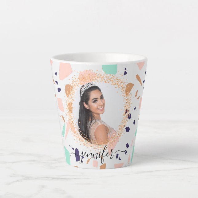 Terrazzo rose gold mint white photo name latte mug (Front)