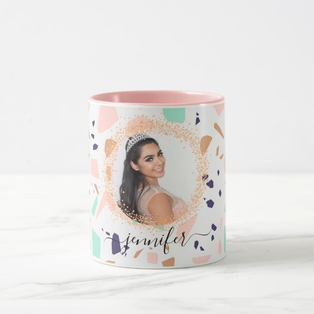 Terrazzo rose gold mint white photo name mug (Center)